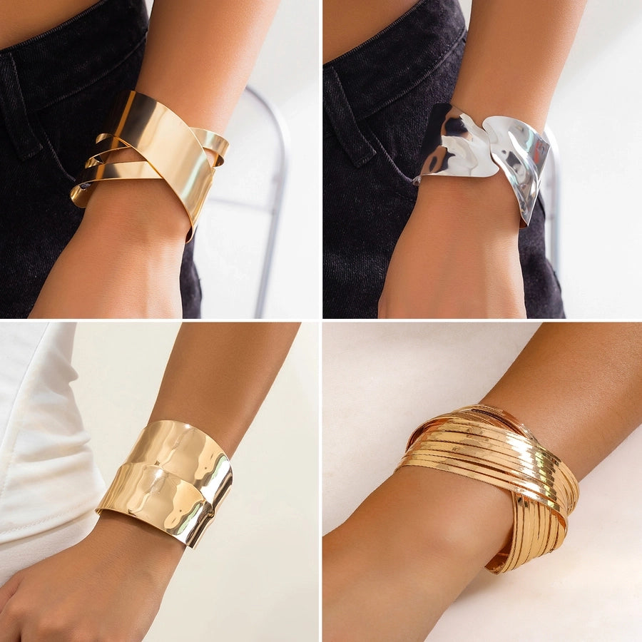 Brazalete Geométrico de Hierro en Estilo IG, Bañado en Oro Blanco y Oro