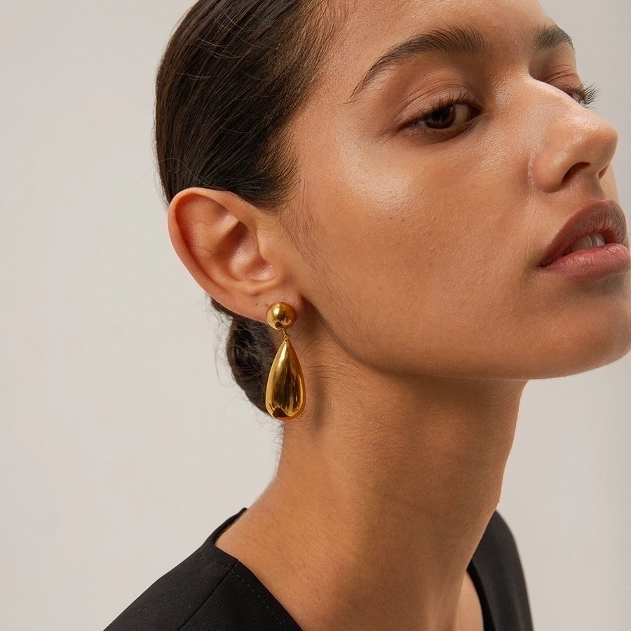Aretes Colgantes en Forma de Gotas de Agua de Acero Inoxidable Bañados en Oro de 18K - Estilo IG