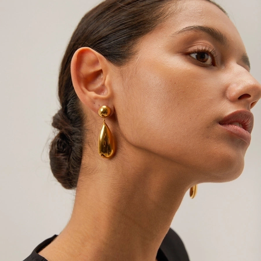 Aretes Colgantes en Forma de Gotas de Agua de Acero Inoxidable Bañados en Oro de 18K - Estilo IG