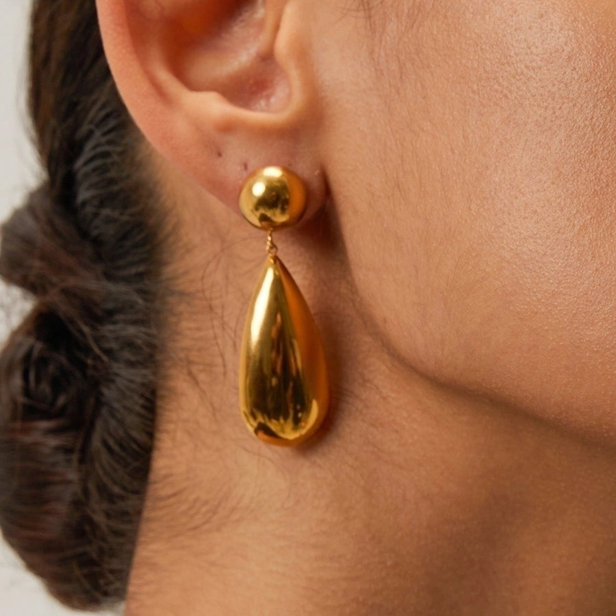 Aretes Colgantes en Forma de Gotas de Agua de Acero Inoxidable Bañados en Oro de 18K - Estilo IG